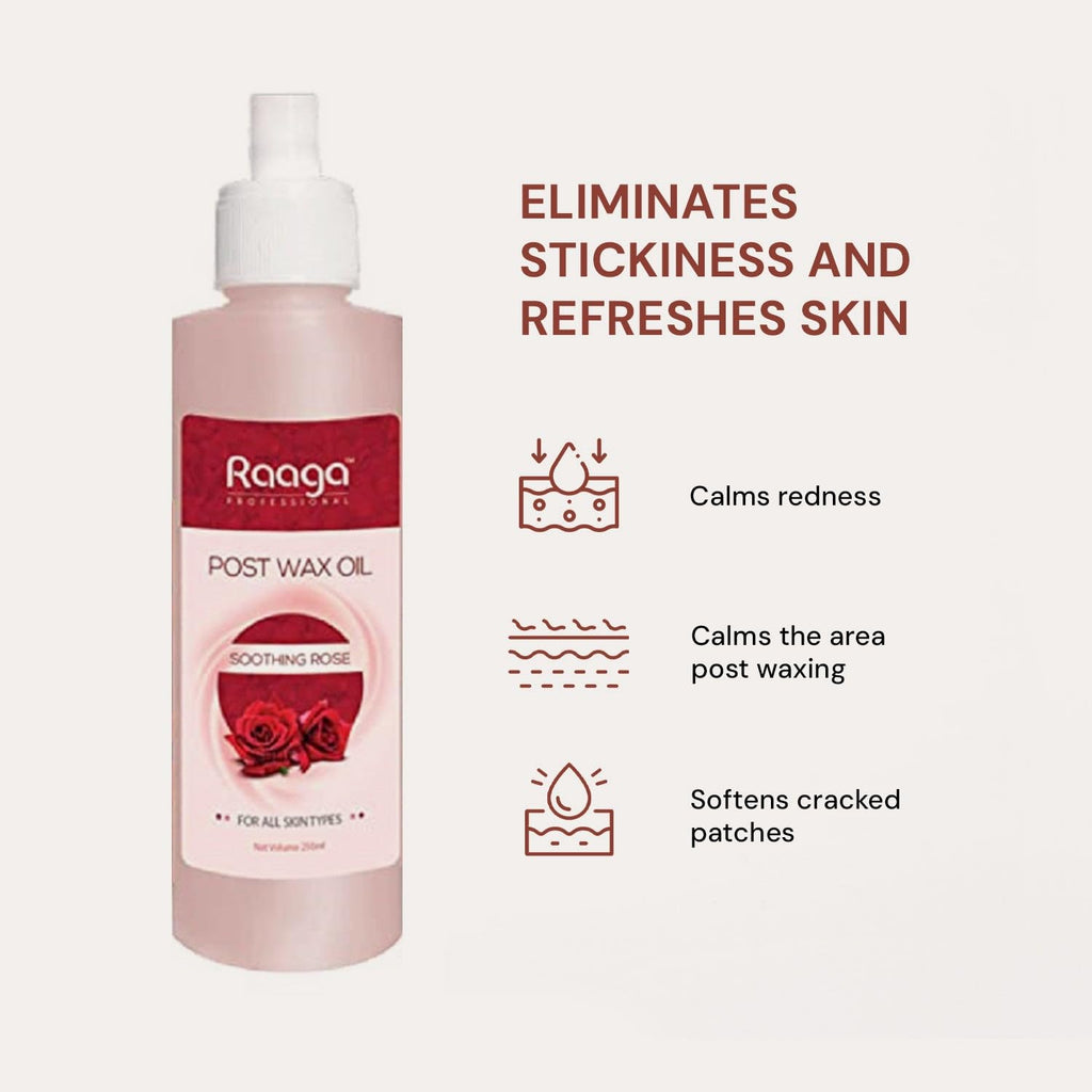 Raaga Professional Post Wax Oil with Soothing Rose and Cocoa Butter for All Skin Types | Calms Redness and Area Post Waxing, Softens Cracked Patches (250 ml)