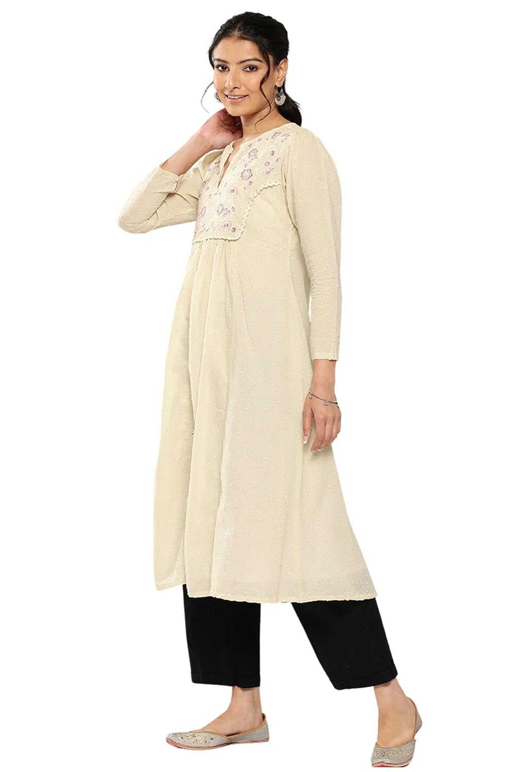 Janasya Women's Off White Dobby Cotton Solid A-Line Kurta