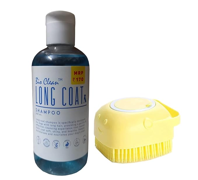 Pet Needs Bio Clean Long Coat Dog Shampoo With Soft Silicone Shampoo Dispenser Brush | Moisturising and Gentle on Skin | 200 Ml