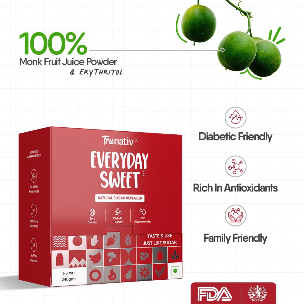 Trunativ Everyday Sweet | Monkfruit Sweetener Powder | Zero-Calorie Sugar Substitute | 1:1 Sugar Replacer for Cooking & Baking | Keto & Diabetic Friendly | 60 Sachets-240g (Pack of 1)