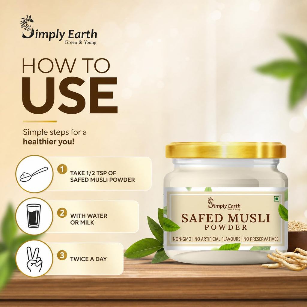 Simply Earth Organic Safed Musli Root Powder | Ayurvedic for Stamina, Performance & Energy | Siva Musli Podi/Shweta Musli Hudi | No Added Preservatives - 100 GM