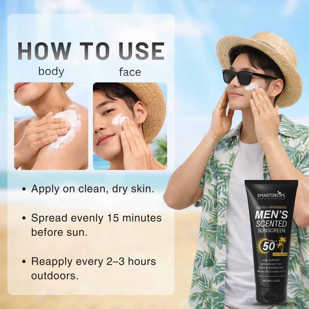 Smartdrops Men Sunscreen SPF 50 Broad Spectrum Face & Body Sun Cream Non Greasy Daily Sun Care Lotion | Sunscreen SPF 50 PA+++ | for Men & Women | 60ml (Pack 1)