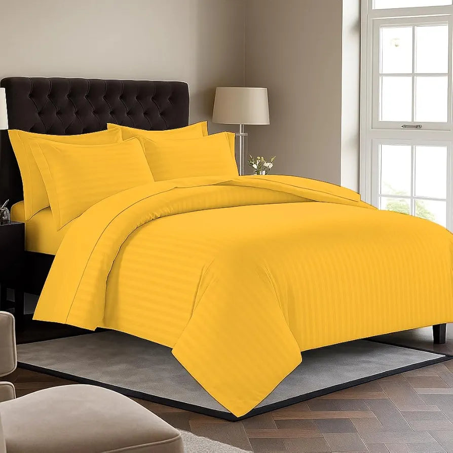 Trance Home Linen Zippered 100% Cotton 200TC Satin Stripe King Size Duvet Cover Quilt Cover Blanket Cover Razai Comforter Cover with 2 Pillow Covers Colour Golden Yellow