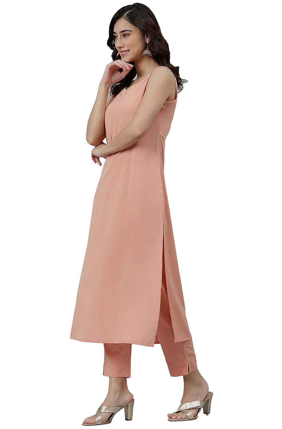 Janasya Women's Peach Poly Crepe Solid Kurta with Pant and Dupatta