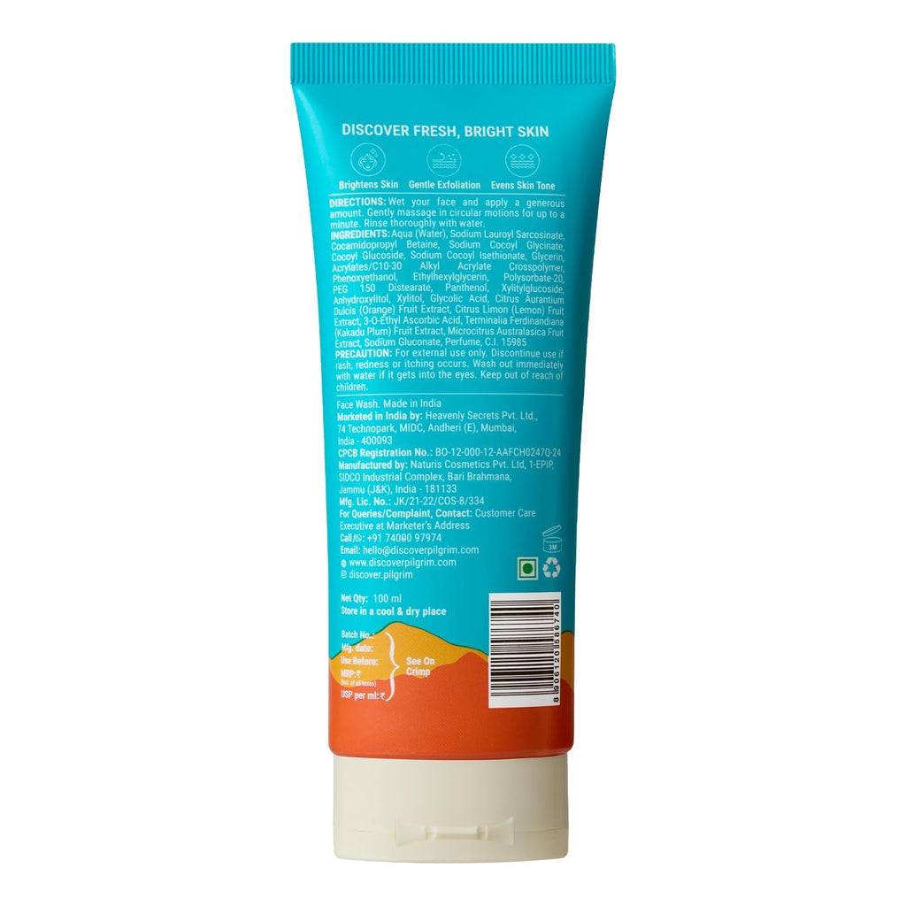 Pilgrim Australian Vitamin C Gel Face Wash for glowing skin with Kakadu Plum & Lime Pearlâ„¢ | Face wash for dry & radiant skin | Women & Men | 100 ml