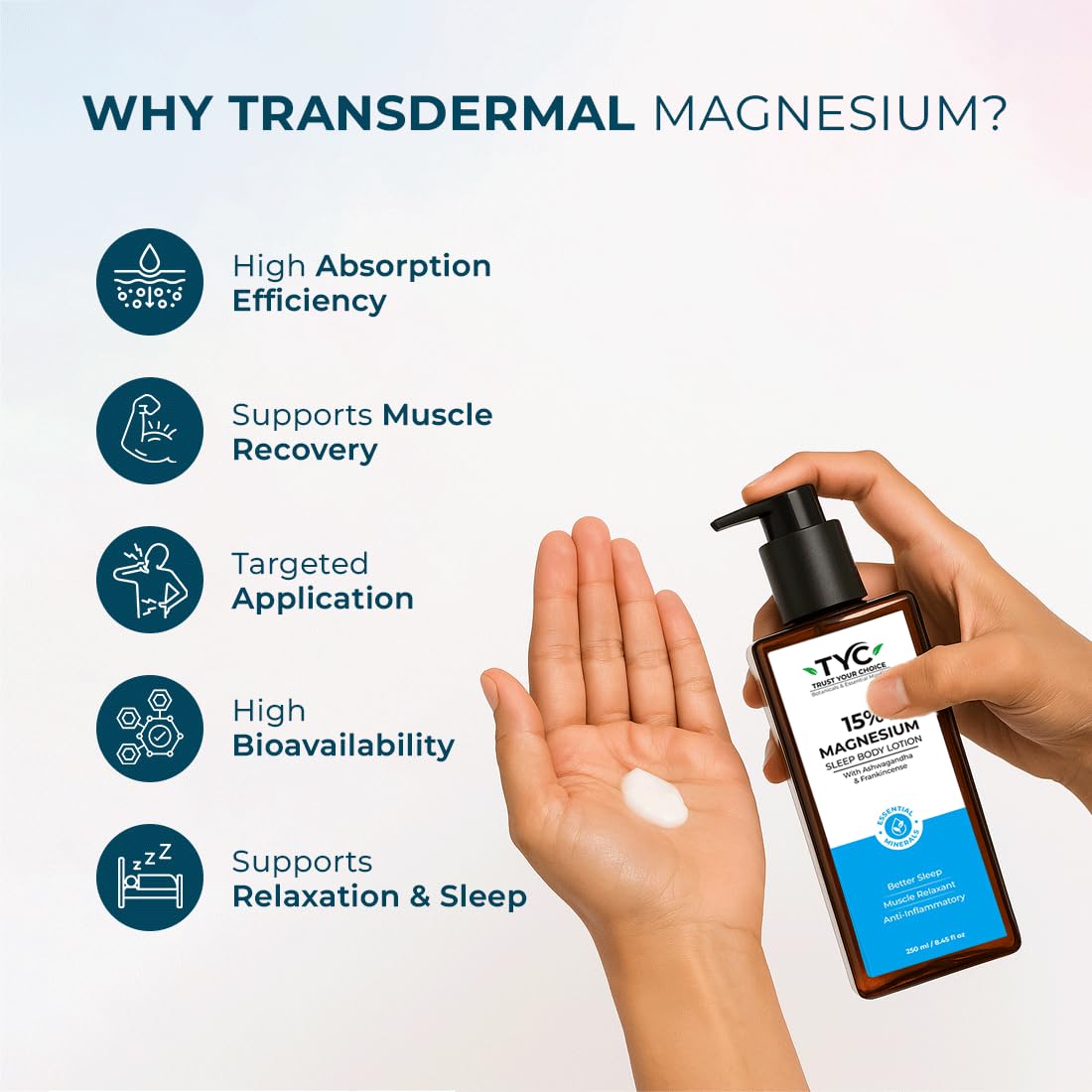 TYC Trust Your Choice Magnesium Sleep Body Lotion, 15% Magnesium Chloride with Ashwagandha and Frankincense Oil, Magnesium Lotion For Sleep For, Magnesium Lotion For Muscle Recovery, Relaxation, No Added Fragrance - 250ml