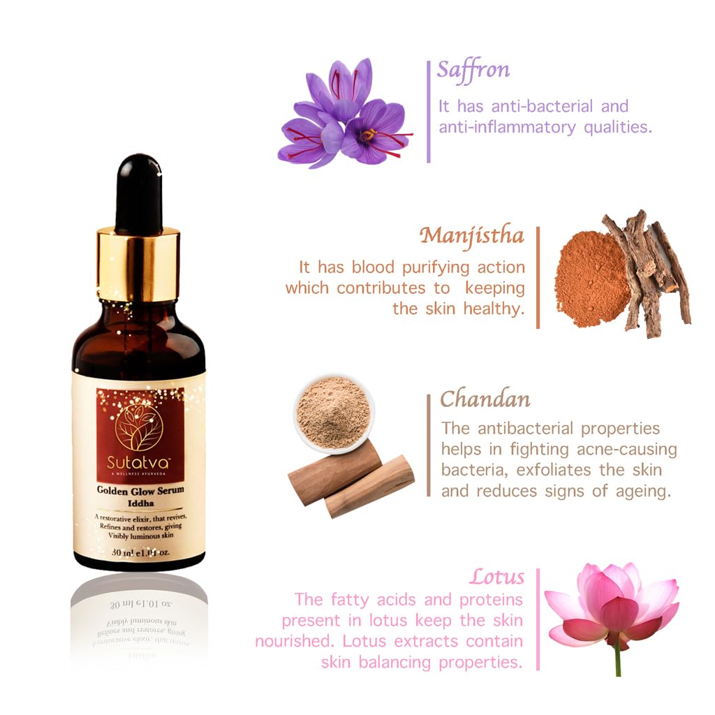 Sutatva Ayurvedic Golden Glow Night Face Serum with Vitamin C for Glowing Skin, Dark Spot Reduction, Pigmentation & Anti-Ageing | For Men & Women | 30ml