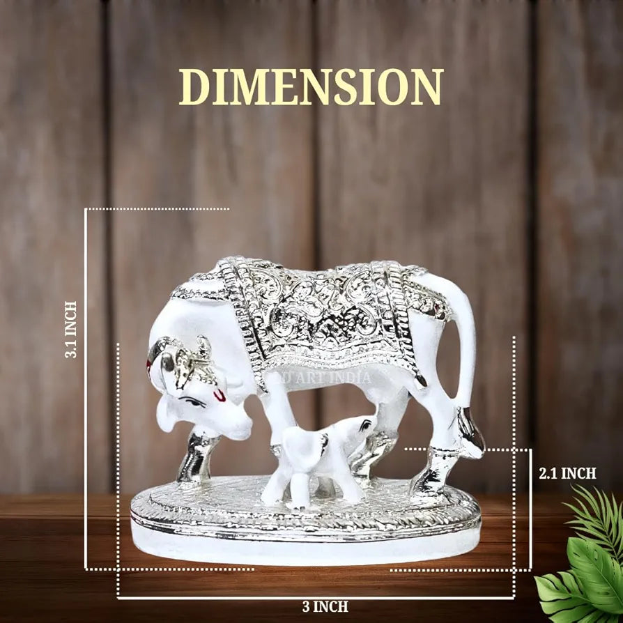 Gold Art India Kamdhenu Cow with Calf Idol White & Silver Plated Finish