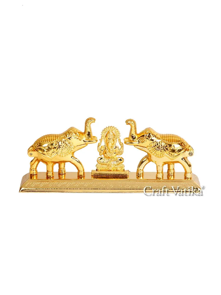 Metal Chandan Roli Kumkum Chawal Box With Ganesha Double Sindoor Dani In ElephantGolden Finish