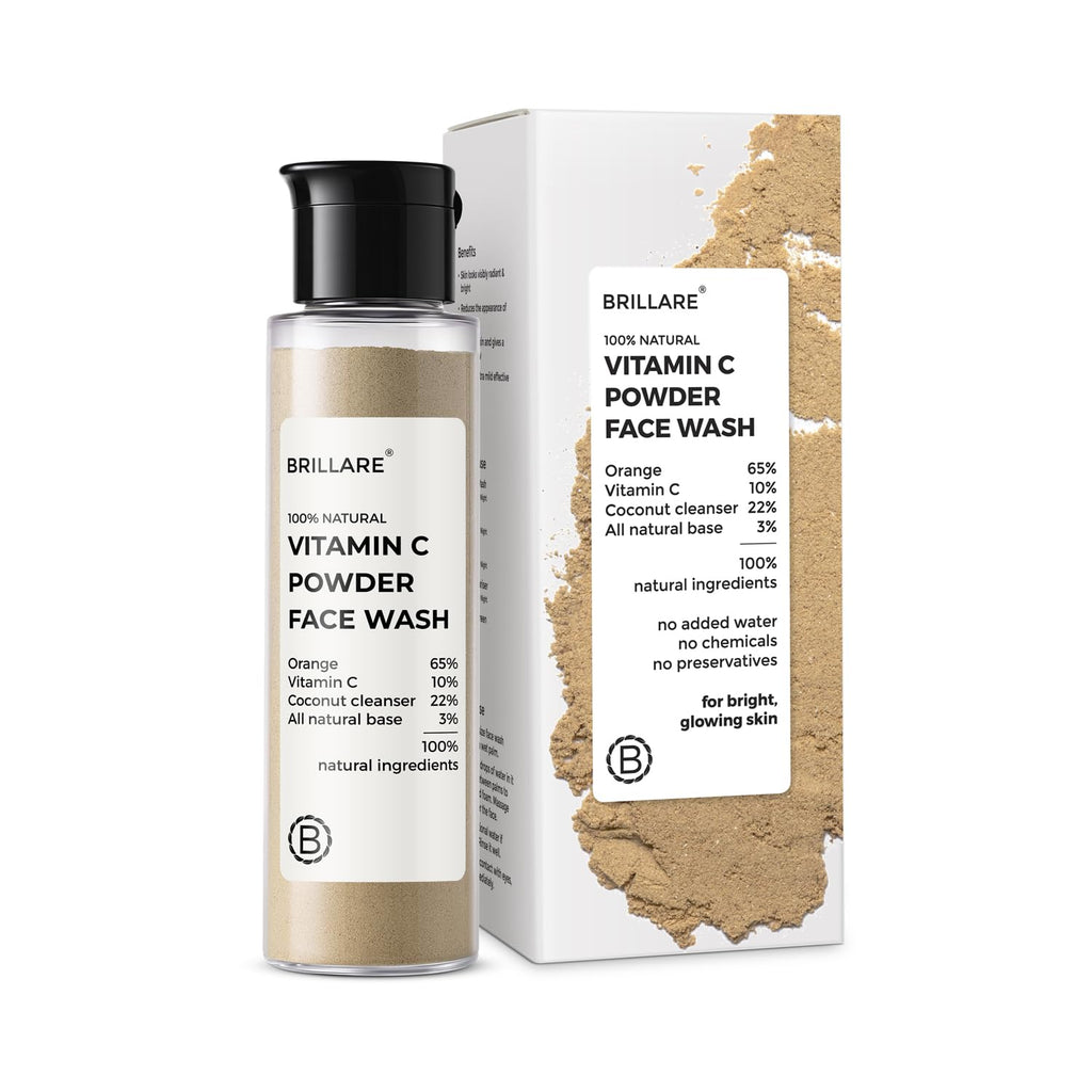 Brillare Vitamin C Powder Face Wash for Glowing, Bright Looking Skin | 100% Natural Orange Powder & Vitamin C | Gentle Exfoliation for Women & Men | Zero Chemicals