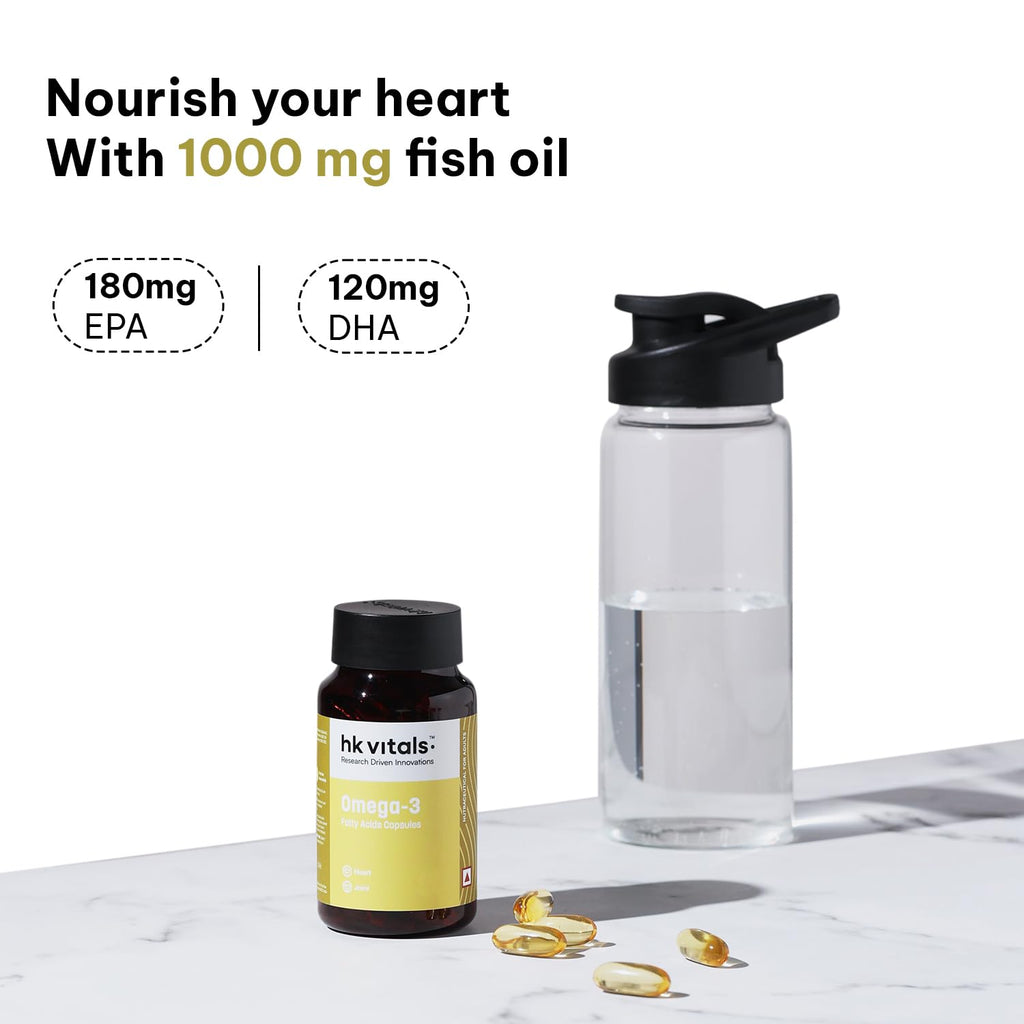 Hk vitals Omega 3 (90 Fish Oil Capsules) | 1000mg Omega 3 with 180mg EPA & 120mg DHA | For Brain, Heart, Eyes, and Joints Health