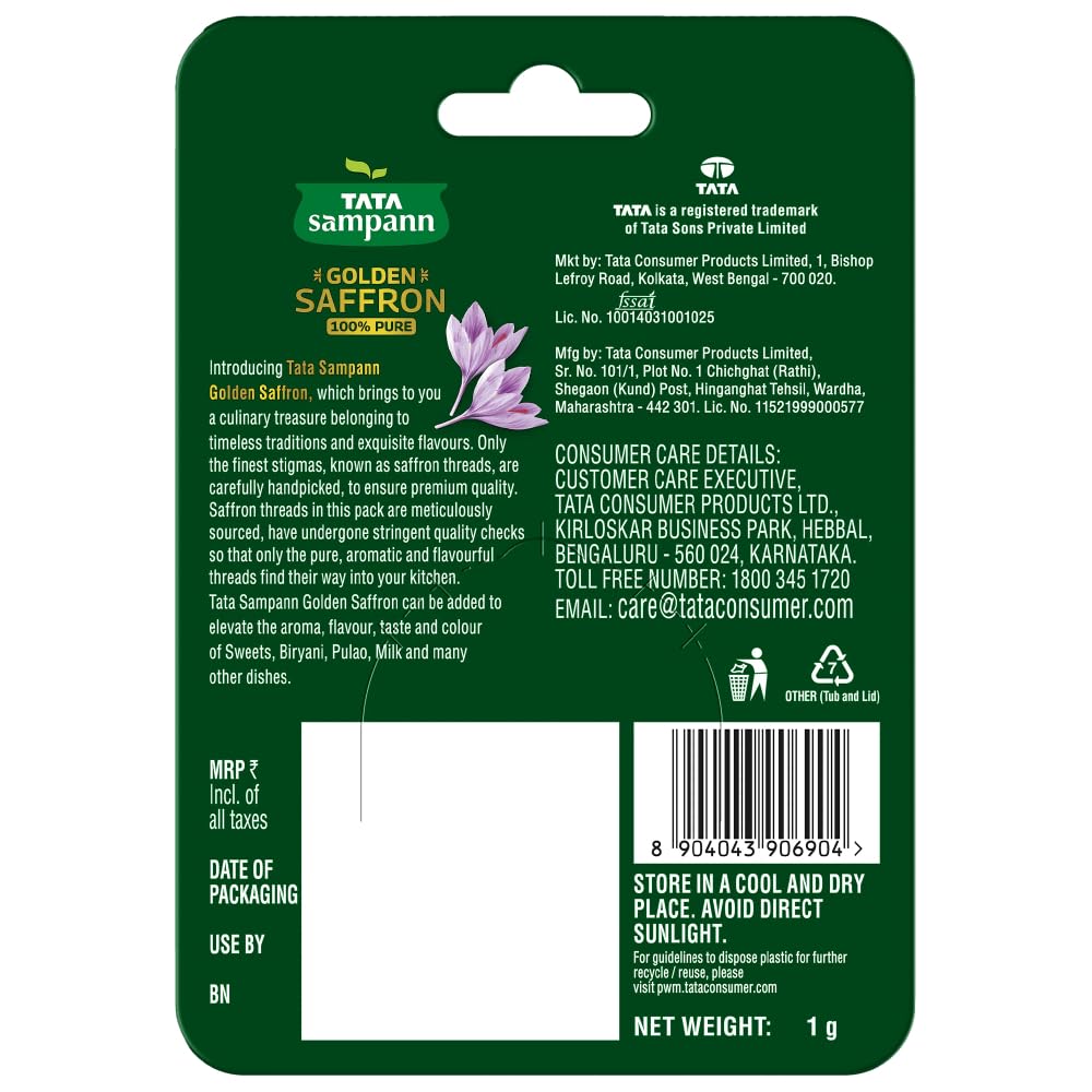 Tata Sampann Golden Saffron, 1g, Natural Aroma & Colour, Pure & Natural Kesar, ISO 3632 Tested