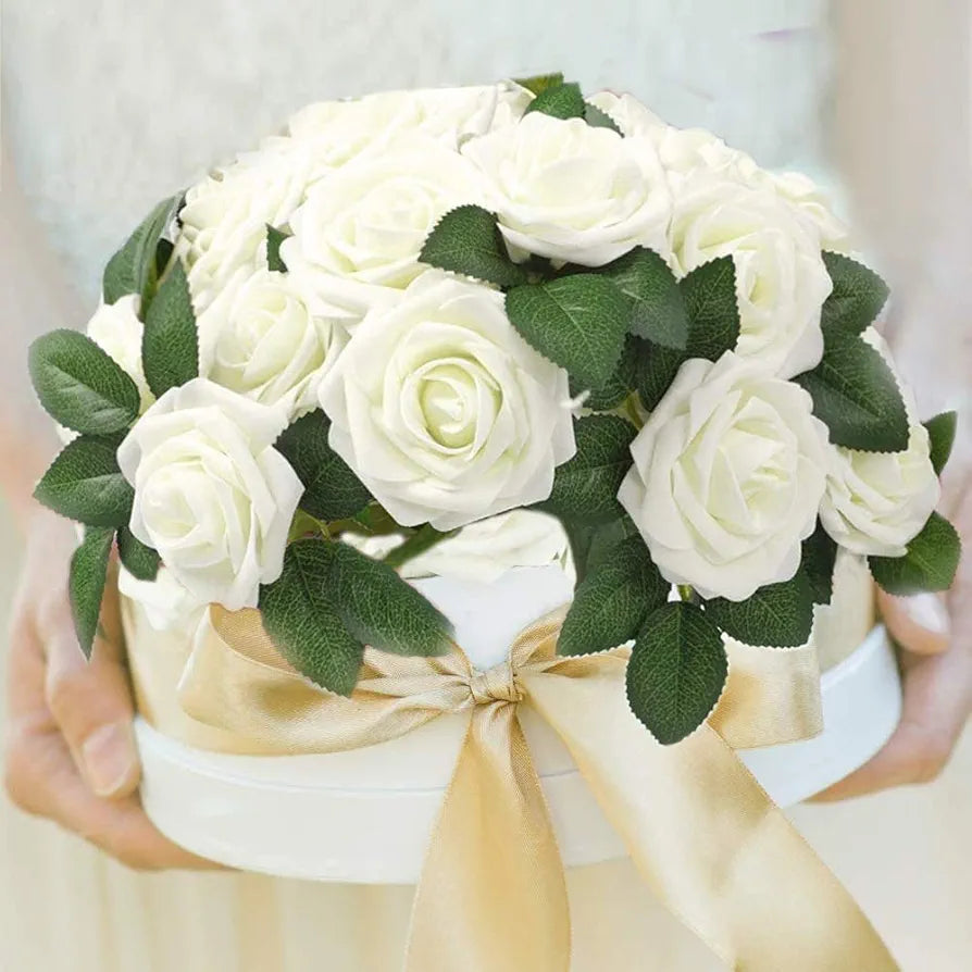 Artificial Flowers Cream Fake Roses Real Looking Foam Roses Flowers w/Stem Cream