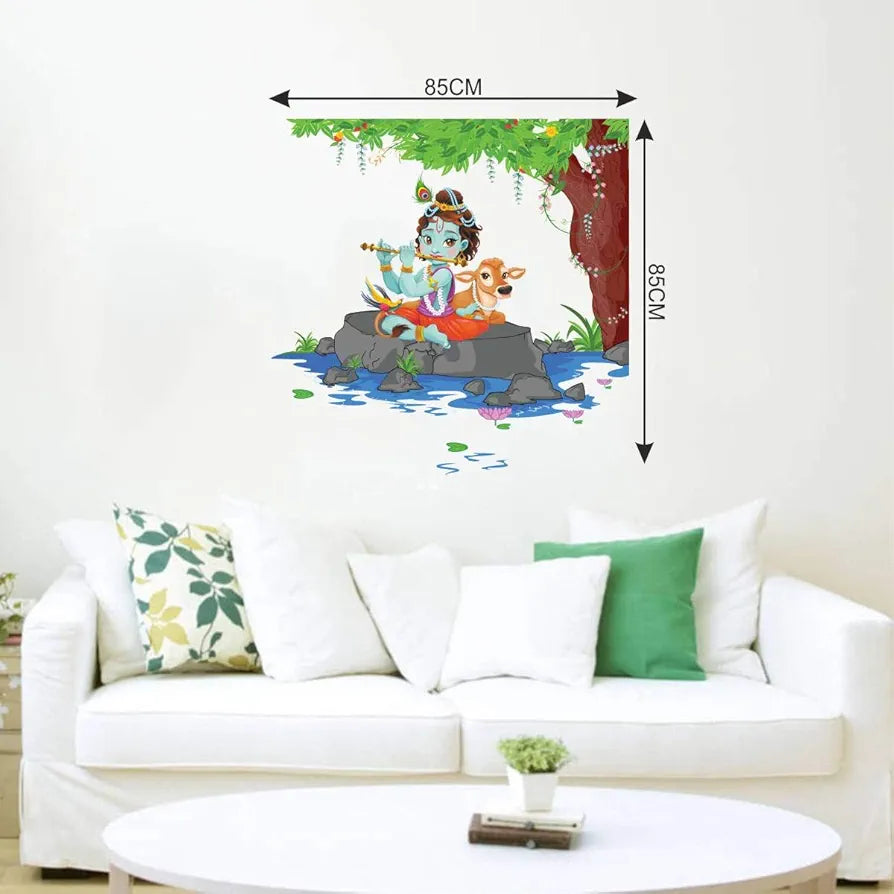 Rawpockets Wall Decals Lord Krishna Playing Flute Wall Stickers PVC Vinyl Multicolour -Self-Adhesive