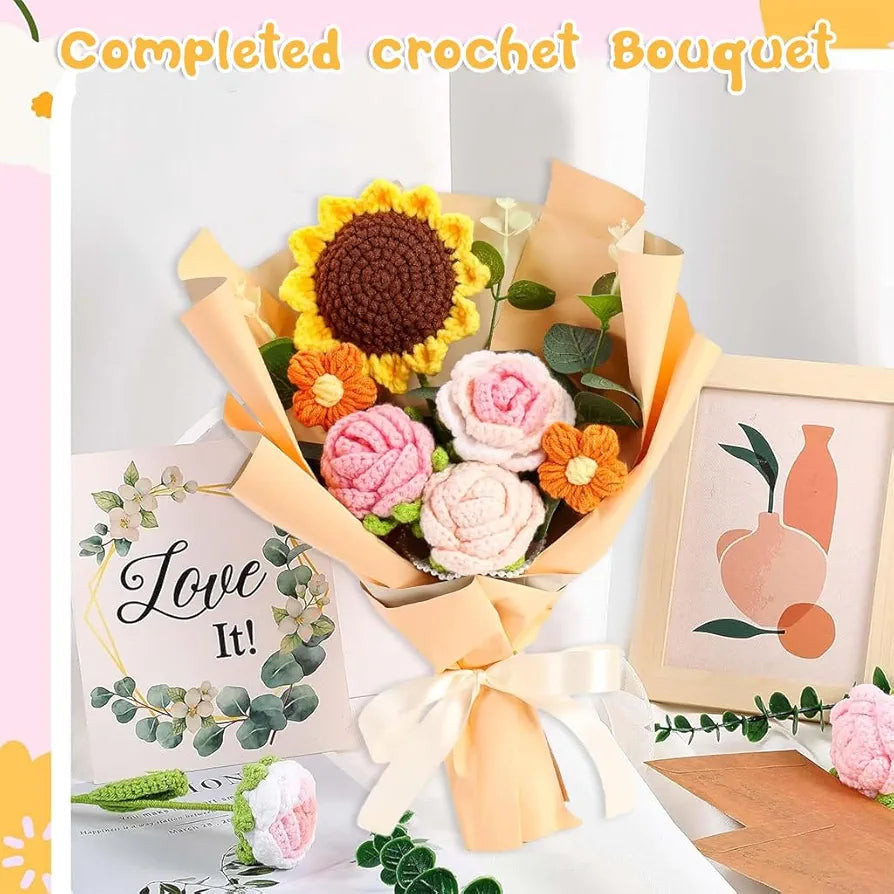 Fabric Handmade Crochet Flowers Bouquet Sunflowers & Roses