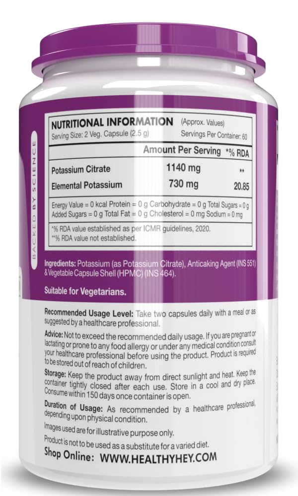 HealthyHey Nutrition Potassium Citrate -120 Vegetable Capsules
