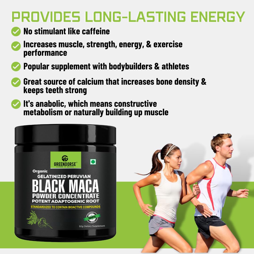 GREENDORSE Peruvian Black Maca Root Powder Concentrate | Rich in Macamide & Macaenes, 3rd Party Lab Tested | Stamina & Reproductive Health Support, Performance,Vitality- High Potency-50g