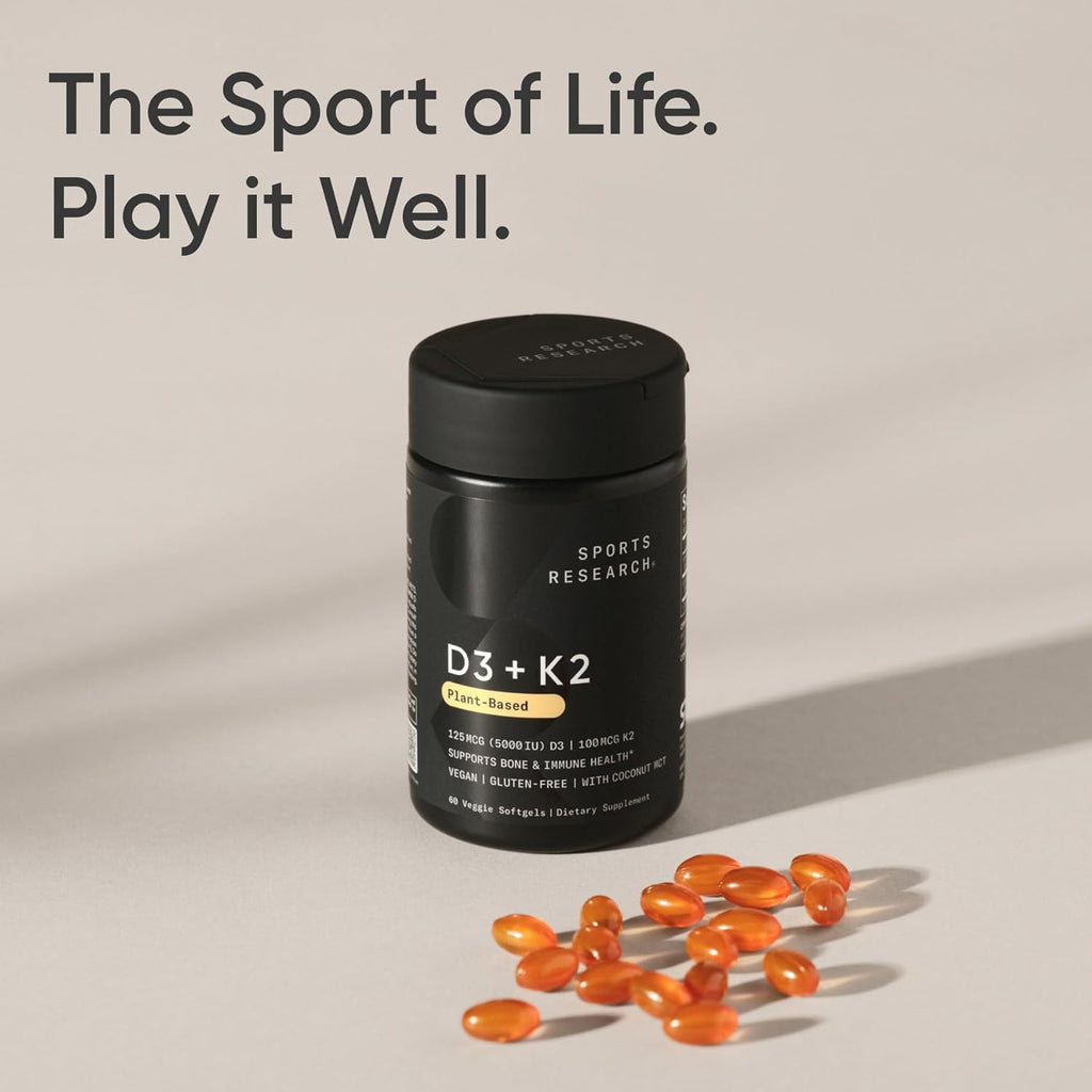 Sports ResearchÂ® Vitamin D3 + K2 w/ Coconut Oil - Vegan Vitamin D 5000iu & Mk7 Vitamin K 100mcg for Bone & Immune Support - Vegan Certified Â· Non-GMO Â· Soy Free - 60 Softgels