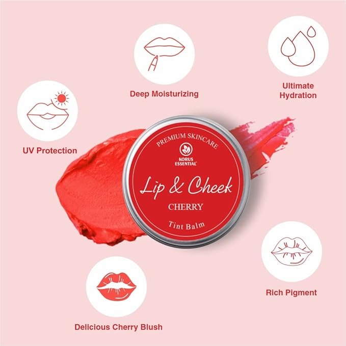 Korus Essential Cherry Lip and Cheek Tint Balm for Women - 8 gms