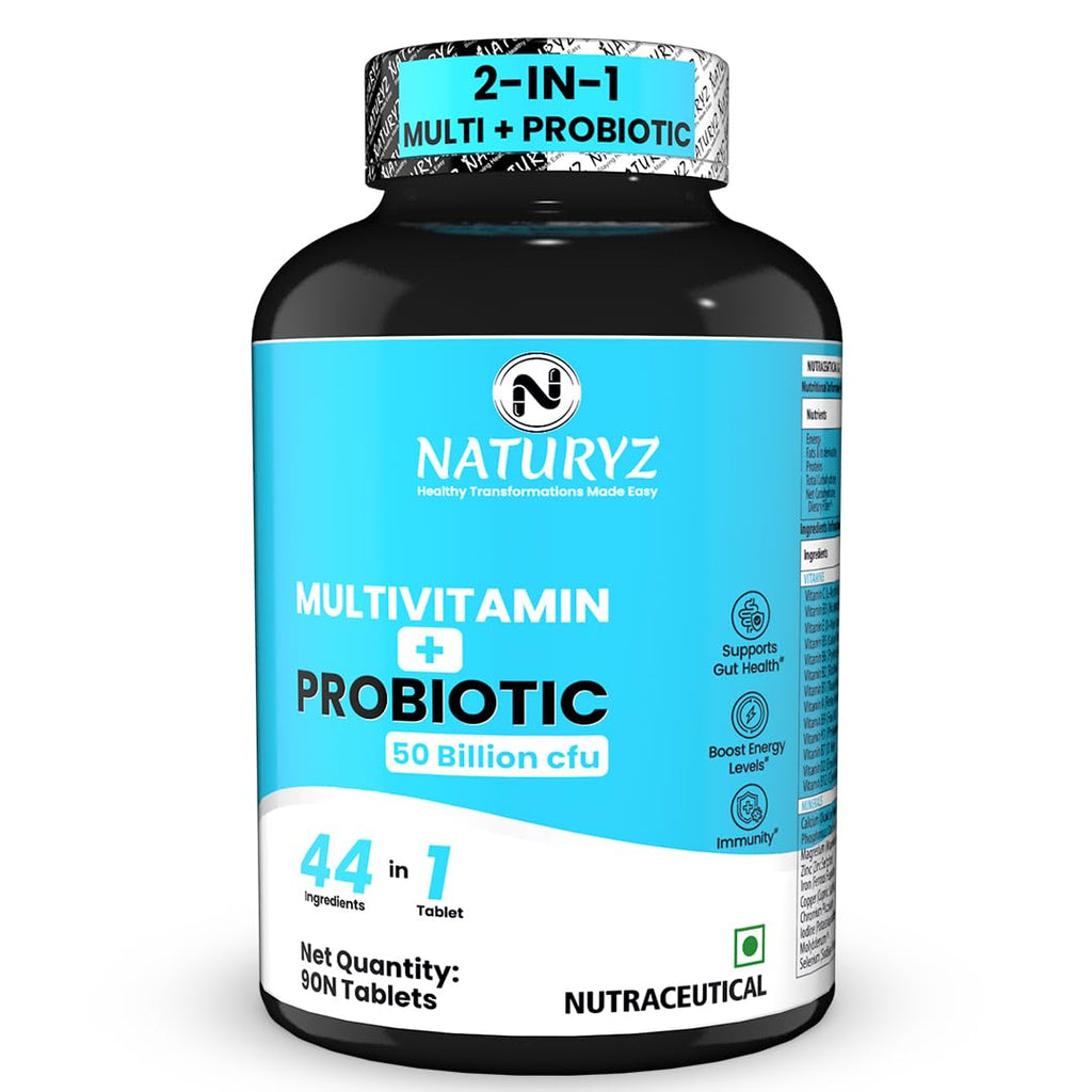 NATURYZ Highest Strength Daily Multivitamin with 50 Billion CFU Pre-Probiotics | Goodness of 2 Supplements in 1 | 44 Nutrients | Vitamins & Minerals Supports Gut Health, Immunity & Boosts Energy - 90 Tablets