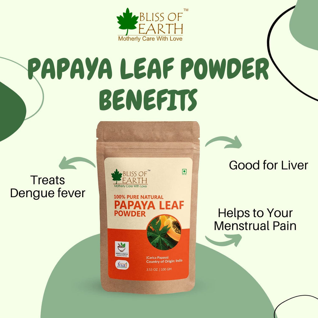BLISS OF EARTH 100% Pure Papaya Leaf Powder Carica Papaya Helps Digestion & Increases Platelets Anti-Oxidant Skin Rejuvenation 100Gm