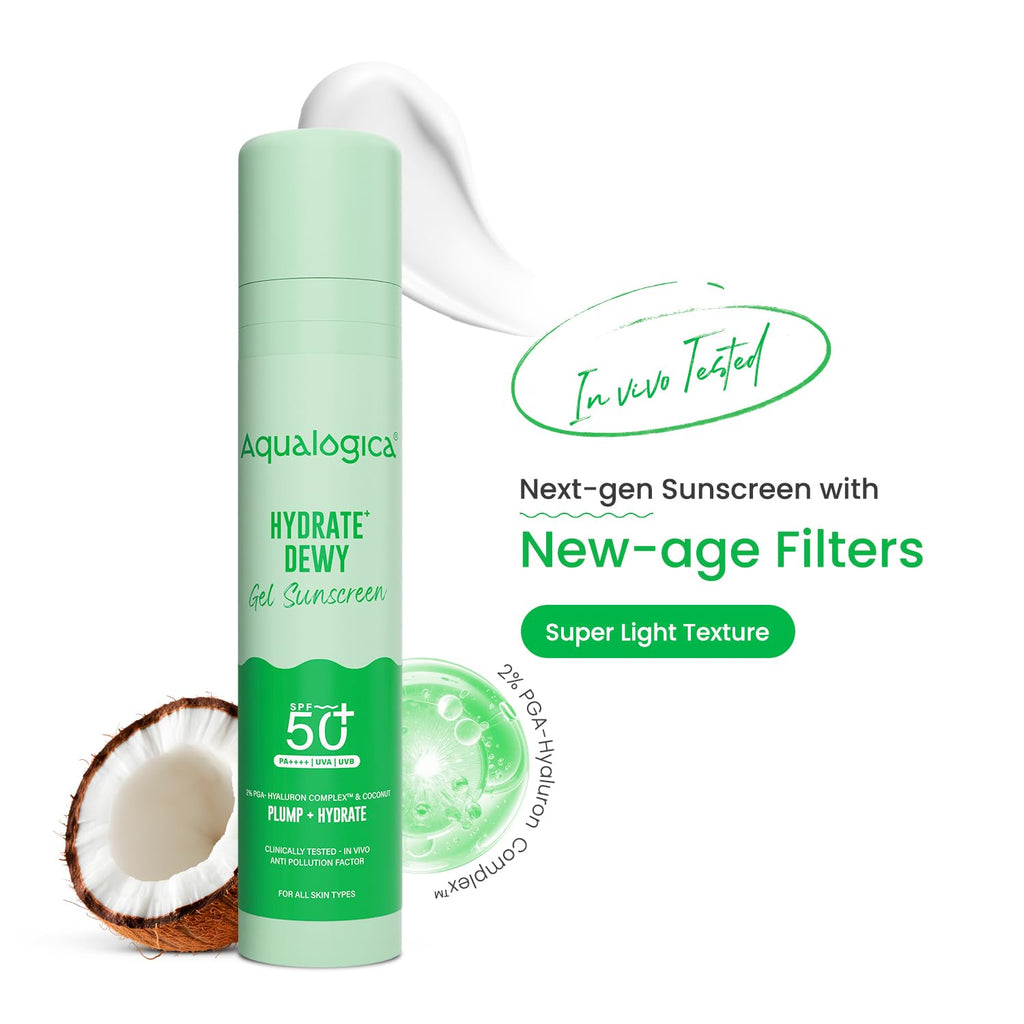 Aqualogica Hydrate+ Dewy Sunscreen SPF 50 PA+++ 50g | UVA/B & Blue Light Protection for Men & Women | For Oily, Combination & Dry Skin | Fragrance-Free