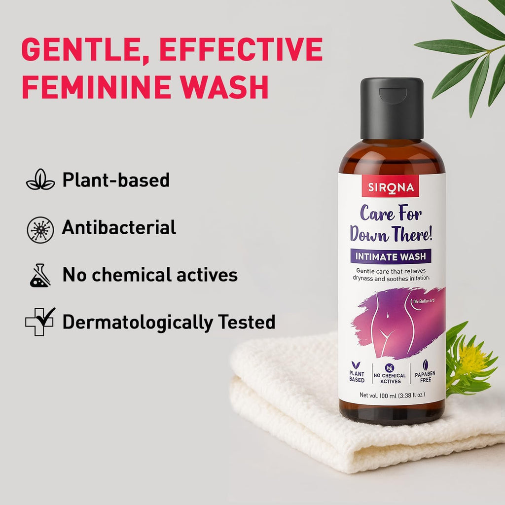 Sirona Gentle Care Antibacterial pH-Balanced Intimate Wash for Women - 100 ml | Reduces Itching, Irritation, Odour & Dryness | Paraben Free | Made with Plant-Based Extracts | Dermatologically Tested