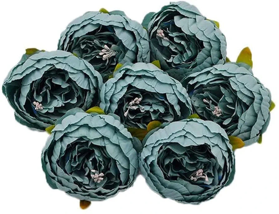 6 Pcs Artificial Fabric Rose Flower Heads Handmade Peony Style Flowers Bluee