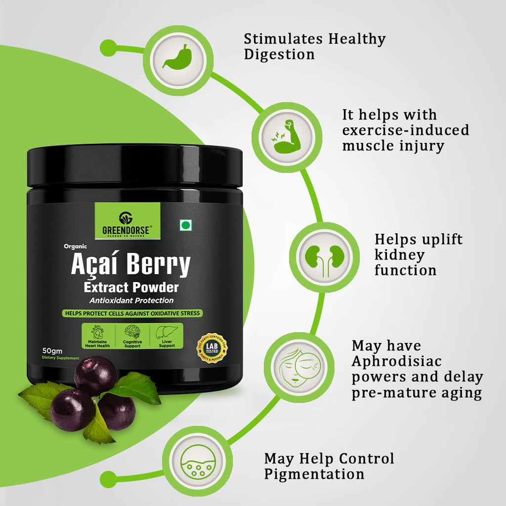 GREENDORSE Acai Berry Extract Powder, 10x Concentrated | SUPERFOOD Rich in 19 amino acids, Muscle building Fibres, Antioxidant & Collagen boosting Vitamin C | Supports Brain, Liver & Heart Functioning- 50g