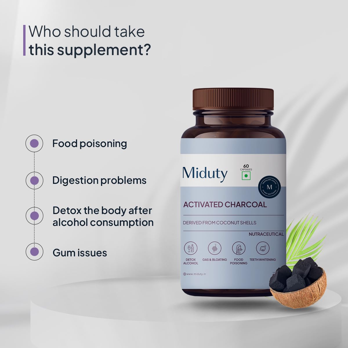Miduty by Palak Notes Activated charcoal, Activated coconut charcoal, Detox your body, Jet lags, Detox alcohol, Activated charcoal Pack - 60 capsules