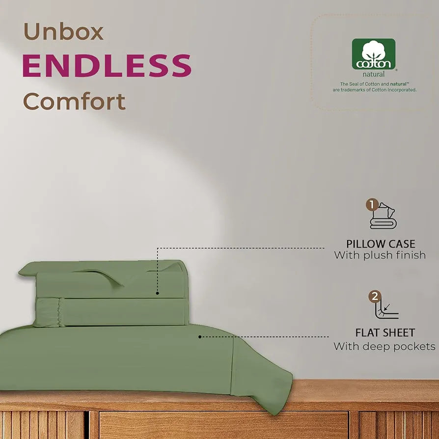 Trance Home Linen 100% Cotton 78x72 inch King Elastic Fitted Bedsheet 400TC Soft Durable Plain with 2 Pillow Covers Colour Forest Green