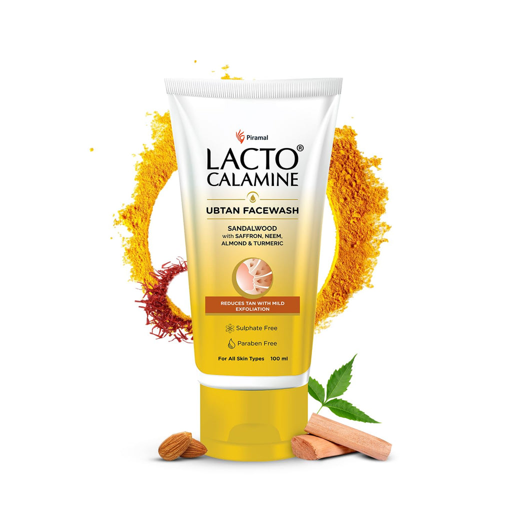 Lacto Calamine Ubtan Face Wash for Glowing Skin | Natural Face Wash with Sandalwood, Saffron, Neem, Almond & Turmeric | Exfoliating Facewash reduces Tan | Sulphate, Paraben Free | 100 ml Pack of 1