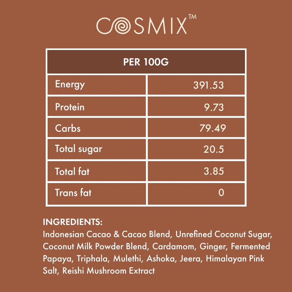 Cosmix My Happy Gut Hot Chocolate | For Improved Digestion & Overall Gut Health | Zero Refined Sugar, No Preservatives | Plant Based | Just add water & Enjoy | 200 gm - Makes upto 14 Cups