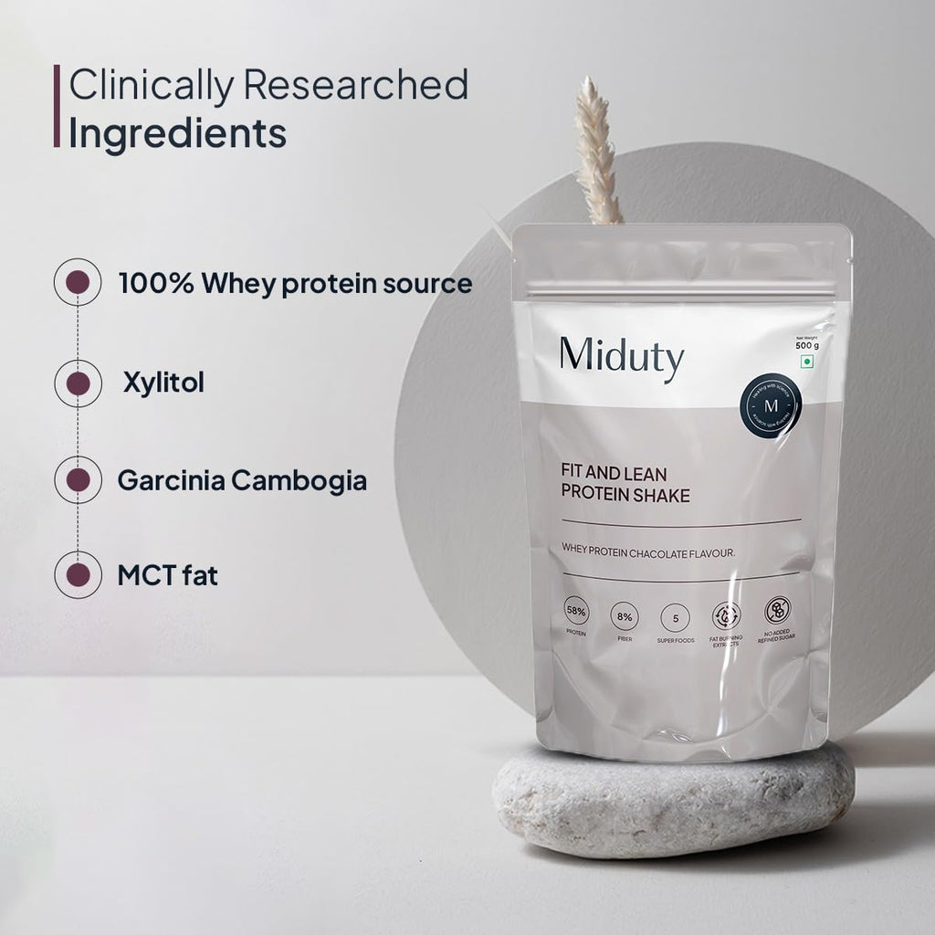 Miduty by Palak Notes Fit N Lean Protein Shake Low-Carb Protein Shake Sweetened with Xylitol & Stevia, Ashwagandha, Garcinia Cambogia, MCT Powder - Lean Protein for Weight Loss - 500 grams