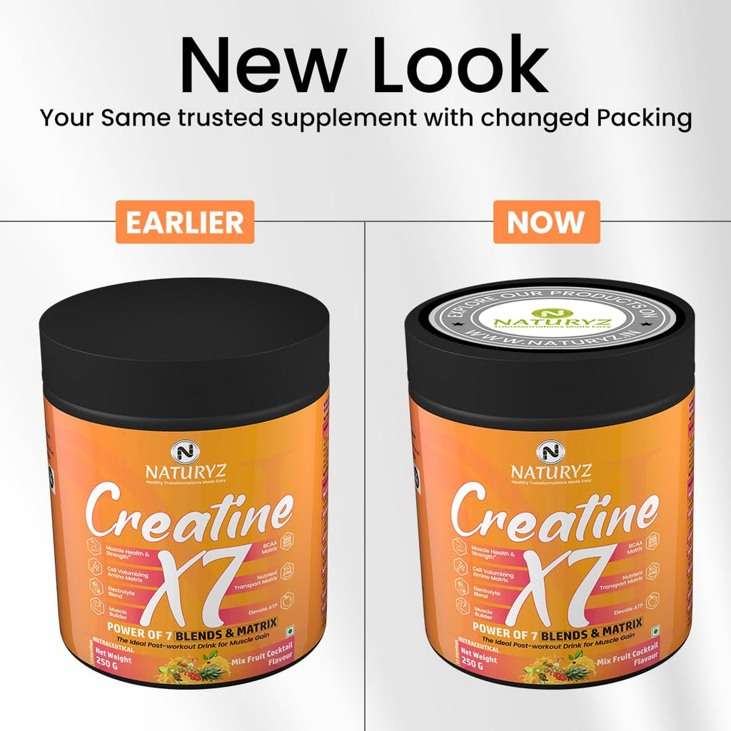 NATURYZ Creatine X7 Pure Micronized Creatine Monohydrate Post Workout drink | Rapid Absorption with Aminos | BCAA | ATP Transport Matrix | Muscle Growth & Strength | Power of 7 Blends | Muscle Builder- 250g(MixFruit Cocktail)