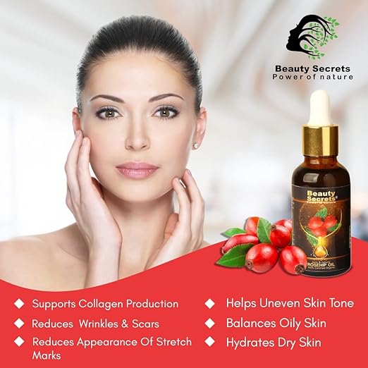 Beauty Secrets Certified Organic Rosehip Oil for Face and Body - 30 ml Each (Pack of 2)