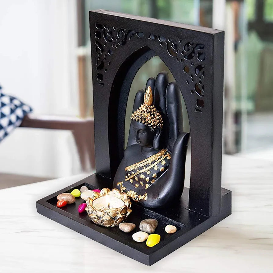 Mariner's Creation Buddha Face Idol With Royal Tray and T Light Holder Gold & Black