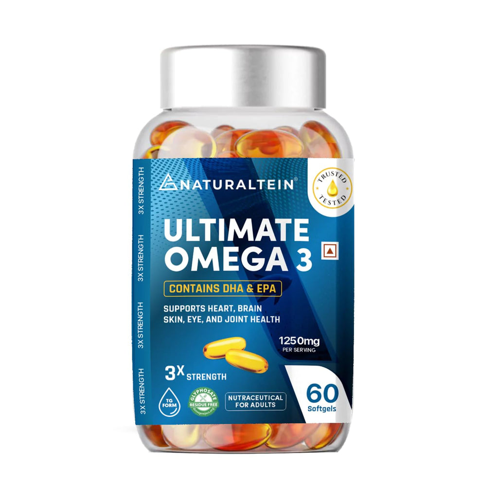 NATURALTEIN Omega-3 Fish Oil 1250mg Triple Strength Softgels | 450mg EPA & 300mg DHA in Triglyceride Form for Better Absorption | Heart, Brain, Eye & Joint Support | Glyphosate-Free | 60 Capsules