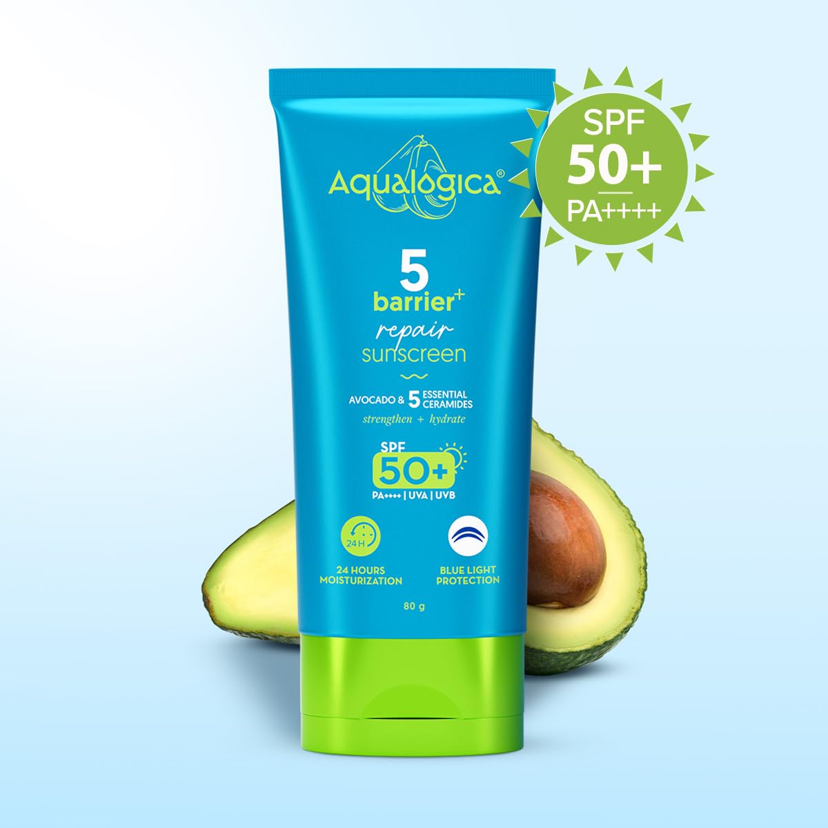 Aqualogica 5 Barrier+ Repair Sunscreen with Avocado & 5 Essential Ceramides | SPF 50 PA++++ | UVA/B & Blue Light Broad Spectrum Protection | Strengthens Skin Barrier | 24 Hr Moisturization | Fragrance Free | 80 g