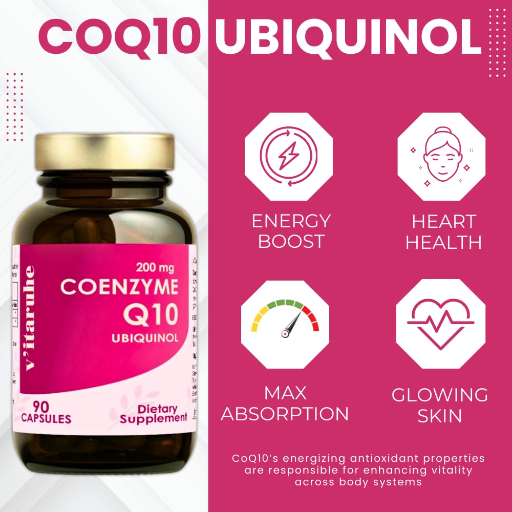 VITARUHE® Coenzyme Q10 200 mg per Capsule, Vegan, 90 Capsules for 3 Months, Best Bio-Availability, Premium Product, With BioPerine