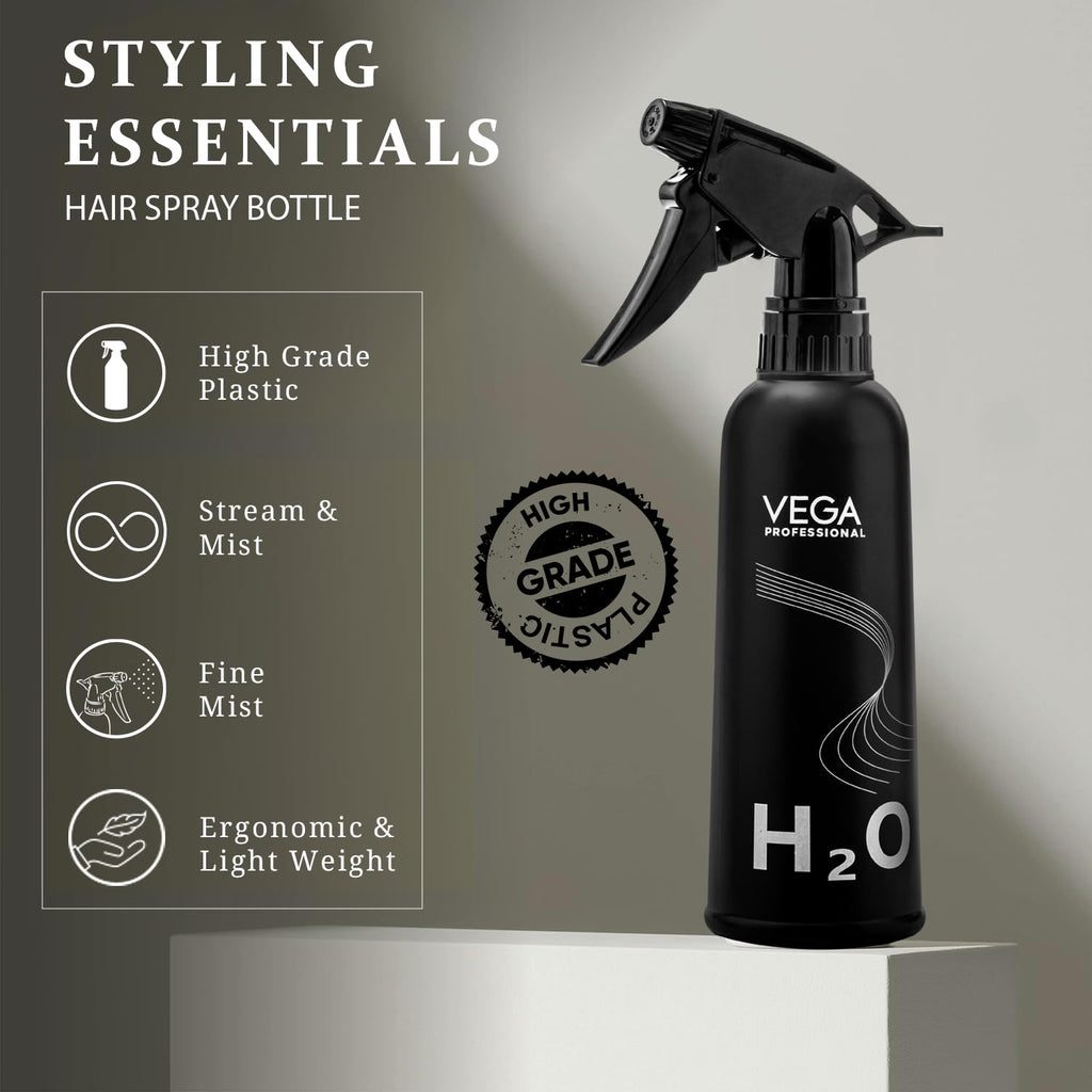 VEGA PROFESSIONAL Plastic Hair Spray Bottle For Hairstyling, Cleaning, Salons, Empty Spray Bottle, Black, 350 Ml, (VPHSB-04)