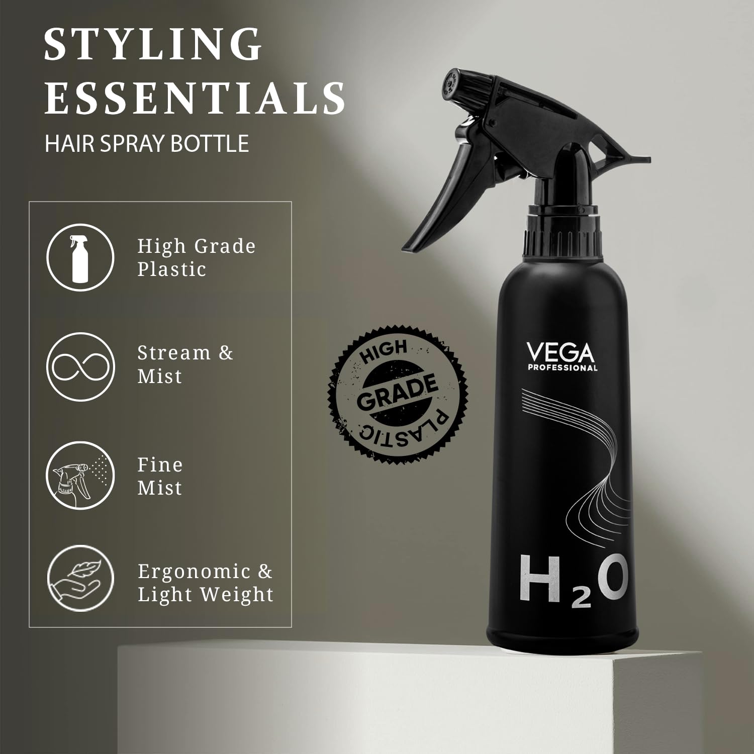 VEGA PROFESSIONAL Plastic Hair Spray Bottle For Hairstyling, Cleaning, Salons, Empty Spray Bottle, Black, 350 Ml, (VPHSB-04)