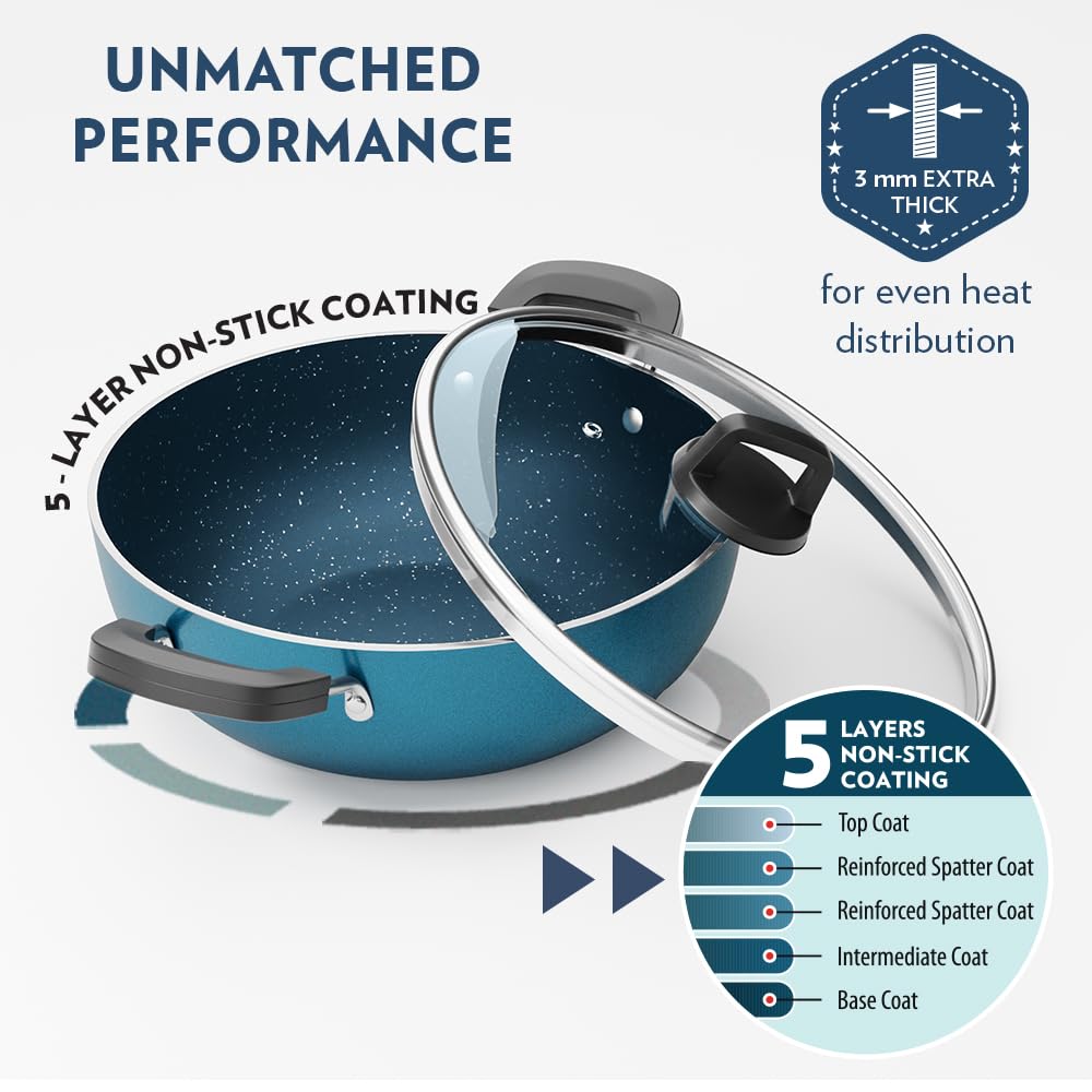 Borosil Prochef Non-stick Aluminum Kadhai With Lid 24 Cm | Gas Stove Compatible | Thick Uniform Body for Even Heating | Dishwasher Safe