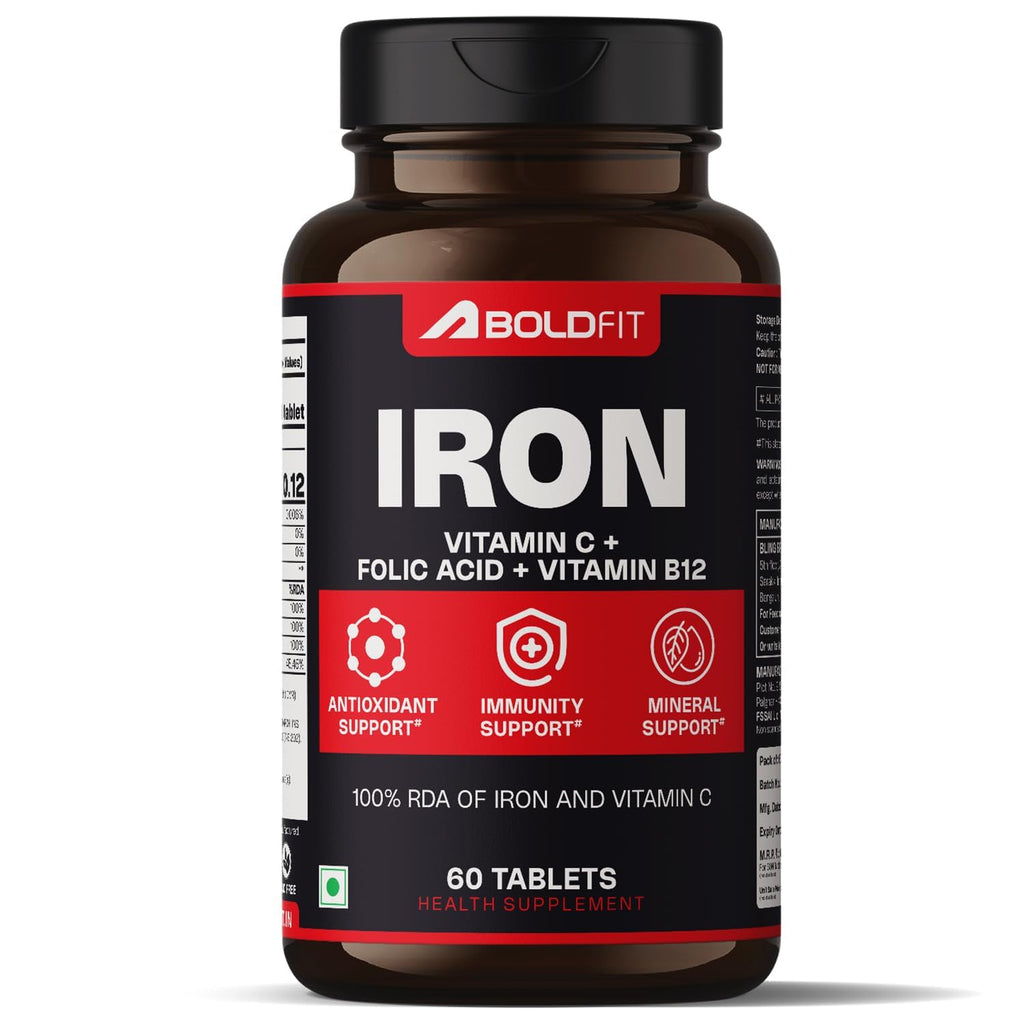 Boldfit Iron Supplement for Women & Men Iron Bisglycinate with Vitamin C Folic Acid & Vitamin B12 Gentle on Stomach,Non-Constipating Tablets - 60 Count