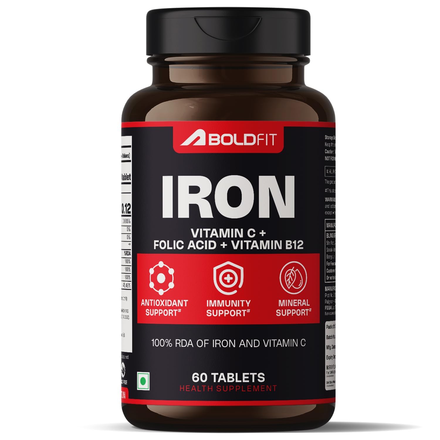 Boldfit Iron Supplement for Women & Men Iron Bisglycinate with Vitamin C Folic Acid & Vitamin B12 Gentle on Stomach,Non-Constipating Tablets - 60 Count