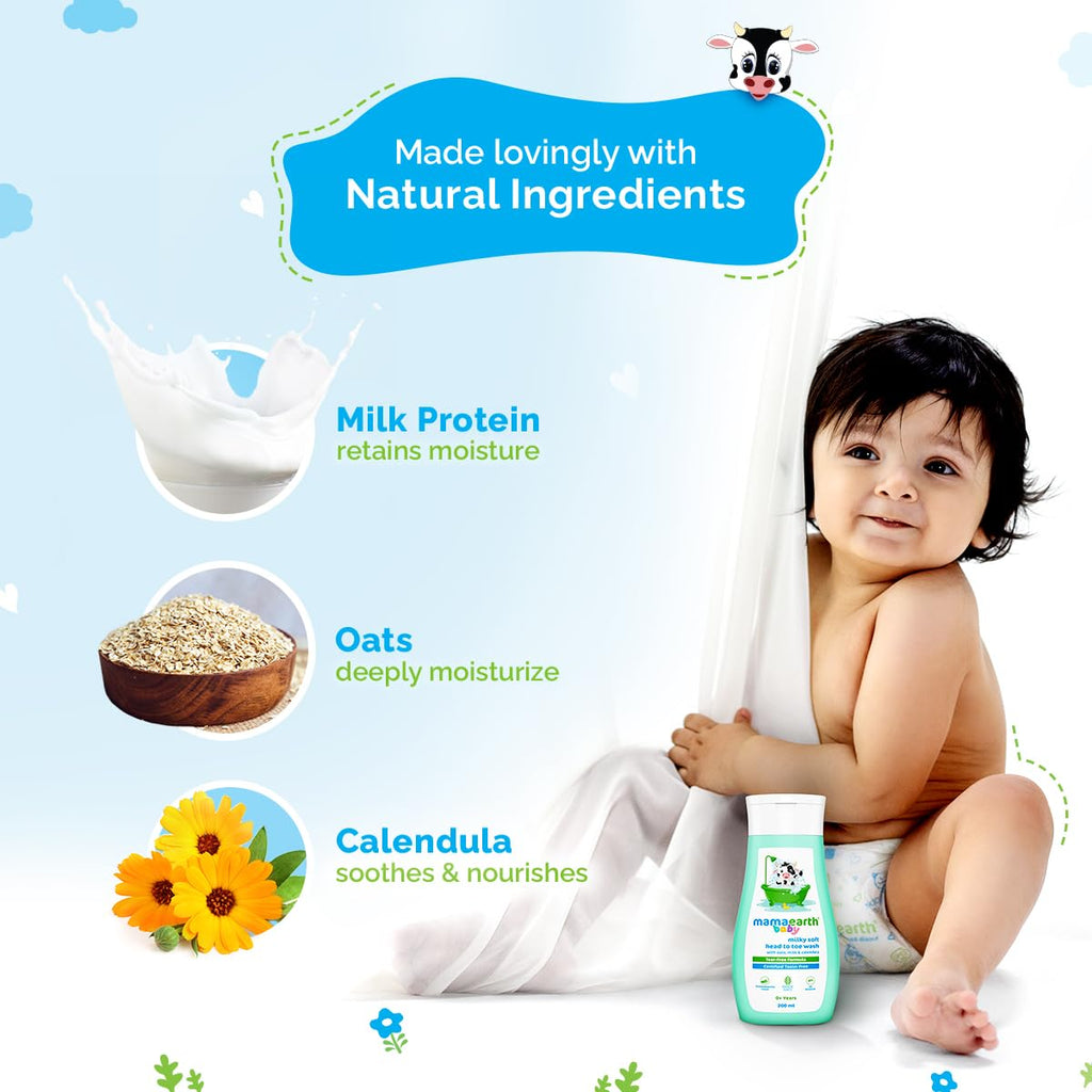 Mamaearth Milky Soft Head to Toe Wash With Oats, Milk, and Calendula for Babies- 200 ml |2-in-1 Tear-Free Body Wash & Shampoo | Moisturizes and Soothes Skin | Travel-friendly Pack
