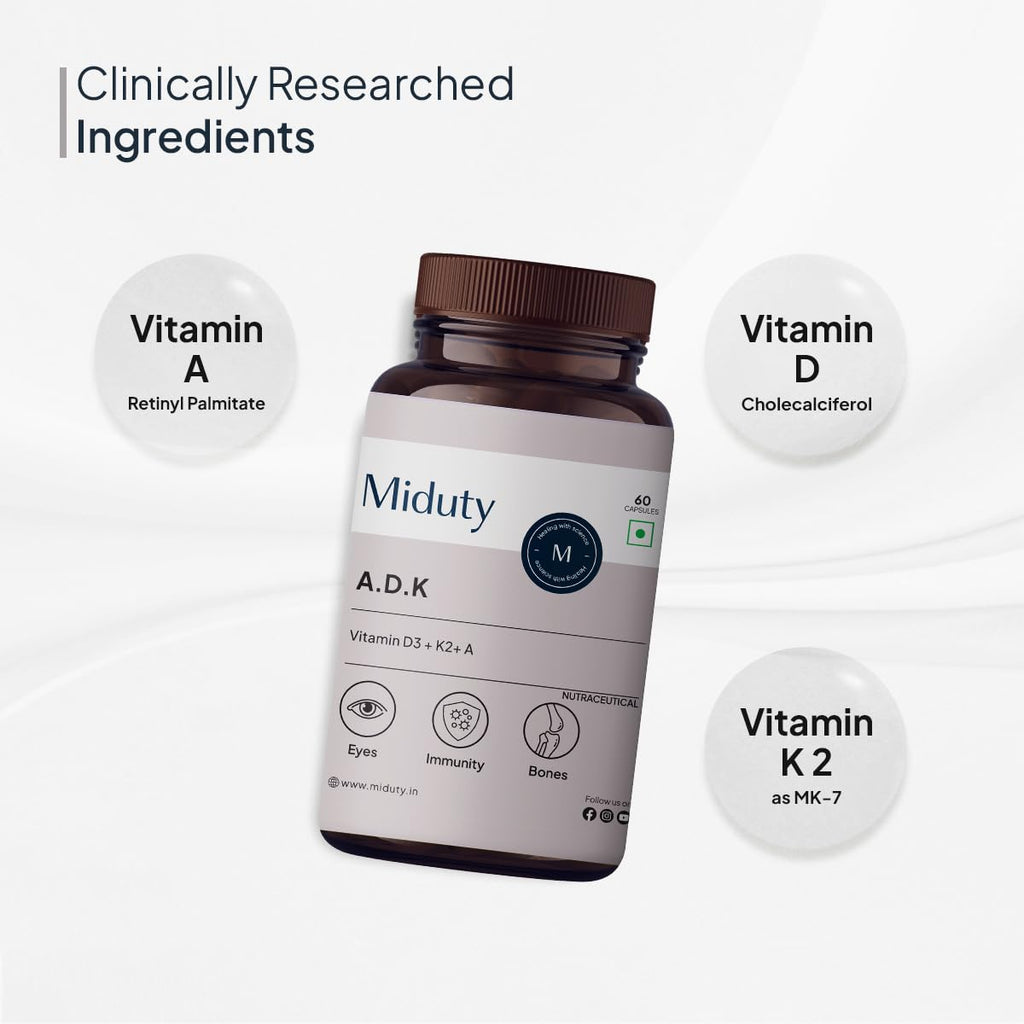 Miduty by Palak Notes Vitamin ADK, Vitamin D3 and K2 Supplements, Cholecalciferol Vitamin D3, Boost Immunity, Stronger Bones, Vitamin ADK Supplement, Immunity Booster Capsule - 60 Capsules