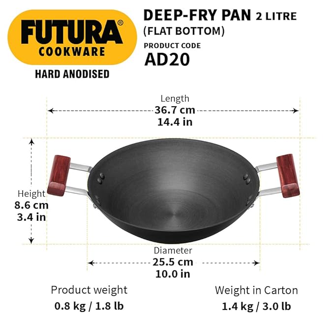 Hawkins Futura 2 Litre Deep Fry Pan Hard Anodised Kadai Flat Bottom Kadhai