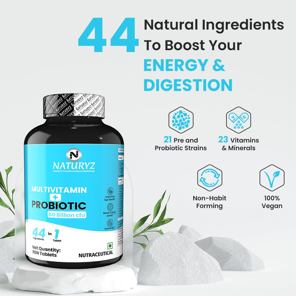 NATURYZ Highest Strength Daily Multivitamin with 50 Billion CFU Pre-Probiotics | Goodness of 2 Supplements in 1 | 44 Nutrients | Vitamins & Minerals Supports Gut Health, Immunity & Boosts Energy - 90 Tablets