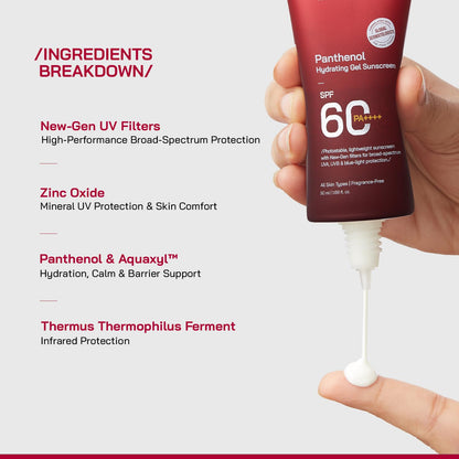 /PHD/ Panthenol Hydrating Gel Sunscreen SPF 60 PA++++ | Lightweight, Non-Greasy & Hydrating Formula | Broad Spectrum UVA UVB Protection | No White Cast | Daily Use Face Sunscreen for All Skin Types | 50 ml